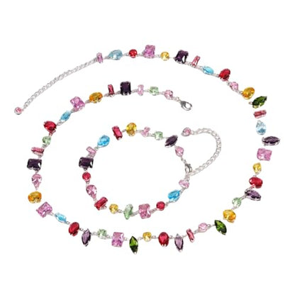 Silver Plated Rainbow Crystal Necklace, Sparkly Cubic Zirconia Rhinestone Multicolor Chain Choker Bracelet Earring Jewelry Set - style: Necklace+Bracelet