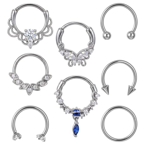 8pcs Surgical Steel Septum Piercing Jewelry 16G Septum Rings Septum Rings | Silver Butterfly CZ Horseshoe Nose Lip Ring for Women Men 8mm 10mm