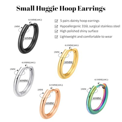 316L Surgical Steel Huggie Hoop Earrings | Dainty Pave Cubic Zirconia Cartilage Tiny Earring for Sensitive Ears Hypoallergenic Lightweight for Women Men - style: 5 colors,20G*10mm
