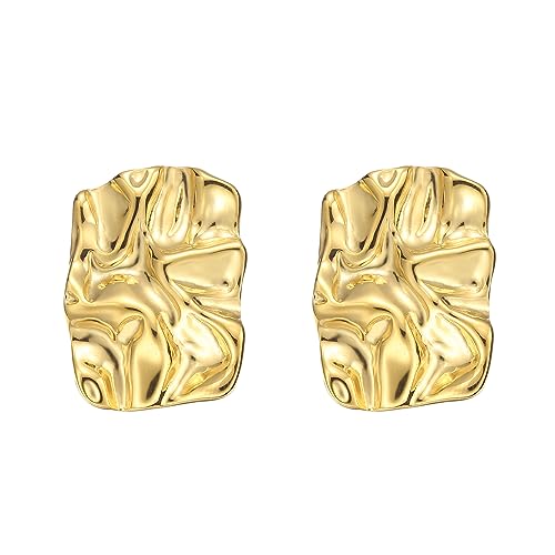 Geometric Rectangle Gold Plated Stud Earrings Irregular Hammered Chunky Statement Square Earrings for Women Trendy - color: Gold Rectangle