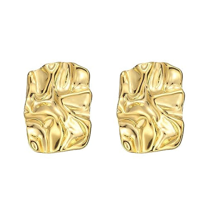Geometric Rectangle Gold Plated Stud Earrings Irregular Hammered Chunky Statement Square Earrings for Women Trendy - color: Gold Rectangle