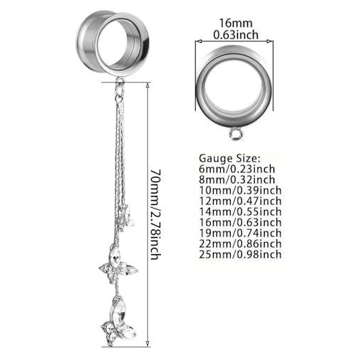 DOEARKO 2PCS New Butterfly-Pendant Hypoallergenic Stainless Steel Dangle Ear Plugs Tunnels Ear Gauges Stretcher Pair Selling 2g 0g Piercing Body Jewelry - color: #313 Silver, size: 6mm