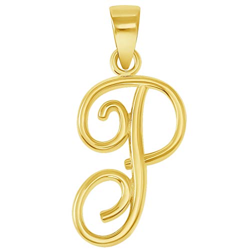 Jewelry America Solid 14k Yellow Gold Elegant Script Letter Cursive Initial Pendant - A to Z - style: P