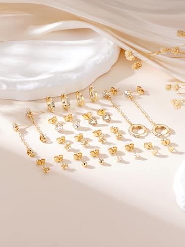Hypoallergenic Small Gold Stud Earrings for Women 14K Gold Plated CZ Chain Hoops Hypoallergenic Earrings Dainty Clover Flower Heart Bow Stud Earrings for Jewelry Gift - color: gold