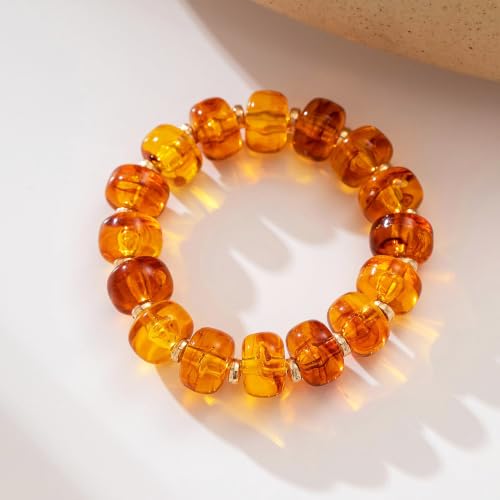 Bead Bracelet for Women Vibrant Color Resin Beads Bracelets Elastic Stretch Chunky Bracelet Boho Summer Beach Vacation Jewelry - color: Amber