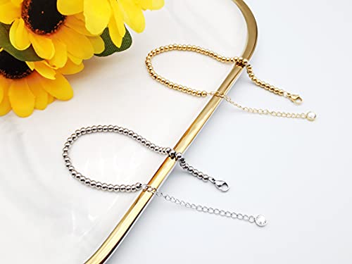Dainty Bracelets for Women Paperclip Chain Bangles Handmade Tiny Cute Oval and Round Beaded Bracelet 316L Stainless Steel Jewelry Gift for Best Friend - style: Beads 4mm Gold