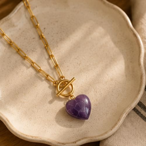 Teardrop CZ Pendant Paperclip Chain Necklace 18K Plated Paperclip Toggle Necklace Jewelry Birthstone Gift for Women - color: Heart Amethyst