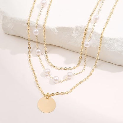 3Pcs Gold Circle Pendant Necklace Set Dainty Layered Stacked Pearls Chain Choker Necklace Trendy Birthday Jewelry Accessory Gift for Women - color: Gold Pearl