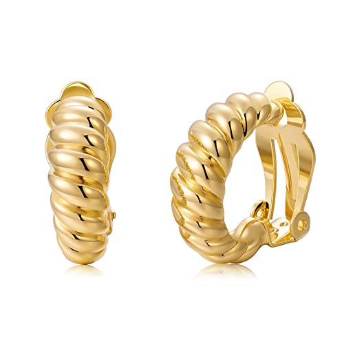 Clip on Earrings Women, 14K Gold Hoop Clip-On Earrings for Women, Hypoallergenic Non Pierced Croissant Earrings - color: Gold Croissant Hoop