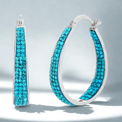 Devin Rose Oval Inside Outside Hoop Earrings for Women Faceted Sparkle Crystals - color: Aqua