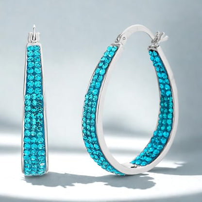 Devin Rose Oval Inside Outside Hoop Earrings for Women Faceted Sparkle Crystals - color: Aqua