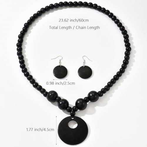 LOTSOF Boho Wooden Beaded Necklace and Earring Set for Women, Bohemian Chunky Statement Costume Jewelry, Round Drop Pendant Retro Ethnic Accessories Ladies Gift - color: Black