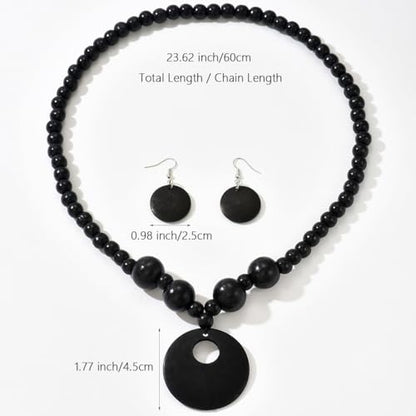LOTSOF Boho Wooden Beaded Necklace and Earring Set for Women, Bohemian Chunky Statement Costume Jewelry, Round Drop Pendant Retro Ethnic Accessories Ladies Gift - color: Black