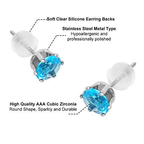 12 Pairs Stainless Steel CZ Stud Earrings for Women, Brilliant Cut Round Cubic Zirconia Stud Earrings, Birthstone Stud Earrings Set - size: 6MM