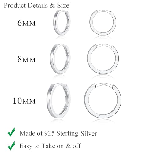 3 Pairs 925 Sterling Silver Small Huggie Hoop Earrings for Women Men | 14K White Gold Plated, Hypoallergenic, Small Silver Hoops - color: O-Silver 6/8/10mm