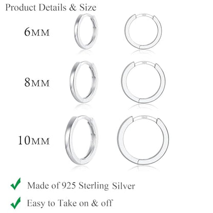 3 Pairs 925 Sterling Silver Small Huggie Hoop Earrings for Women Men | 14K White Gold Plated, Hypoallergenic, Small Silver Hoops - color: O-Silver 6/8/10mm
