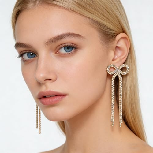 Rhinestone Earrings Dangling for Women Sparkly Silver Dangle Earrings Girls Long Chandelier Earrings Tassel Lightweight Ear Studs Cubic Zirconia (KE001S-W) - color: Bow 516286GL-WAB