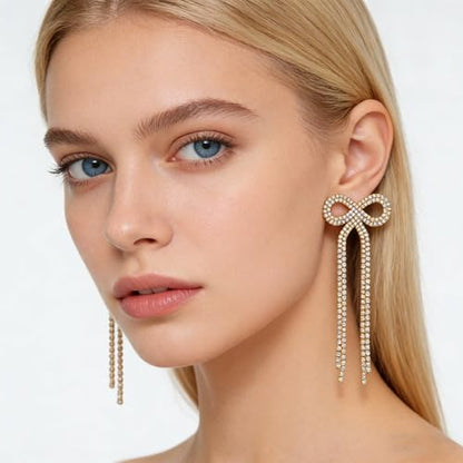 Rhinestone Earrings Dangling for Women Sparkly Silver Dangle Earrings Girls Long Chandelier Earrings Tassel Lightweight Ear Studs Cubic Zirconia (KE001S-W) - color: Bow 516286GL-WAB