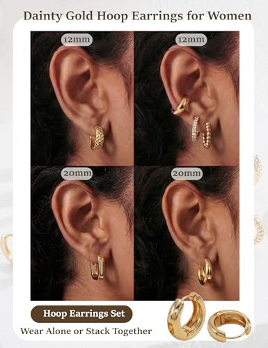 6 Pairs Gold Hoop Earrings Set for Women, 14K Gold Plated Lightweight Chunky Twisted Huggie Hoops, Hypoallergenic Small Thick Hoop Multipack Jewelry Gift - color: Hammered Gold
