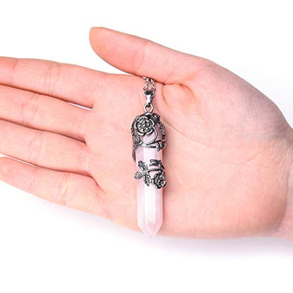 Top Plaza Flower Wrapped Natural Rose Quartz Crystal Necklace | Antique Silver Healing Crystal Gemstone Necklaces for Women Mothers Day Mom Gifts - color: Rose Quartz