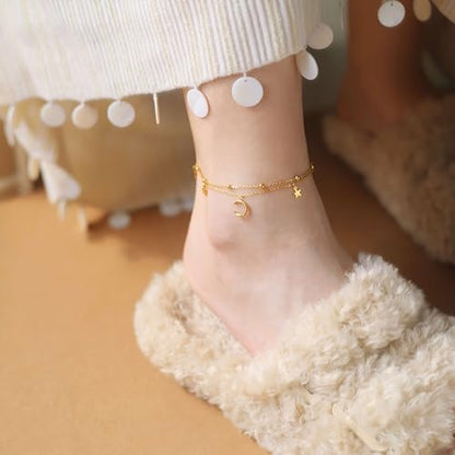 Layered Star and Moon Anklet for Women Waterproof Titanium Steel | Adjustable Gold/Silver Ankle Bracelet for Everyday Wear, Shower Safe Celestial Jewelry Gift, Dainty Summer Beach Foot Jewelry - color: Gold