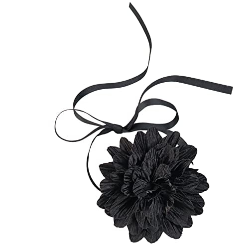 Black Choker Camellia Flower Lace-up Necklace For Women - color: Large black flower