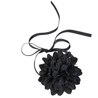 Black Choker Camellia Flower Lace-up Necklace For Women - color: Large black flower