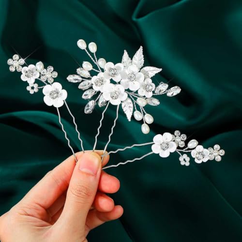 Unsutuo Bridal Flower Hair Pins Crystal Pearl Headpieces Silver Rhinestone Hair Accessories for Women and Girls(Pack of 3) (Silver)