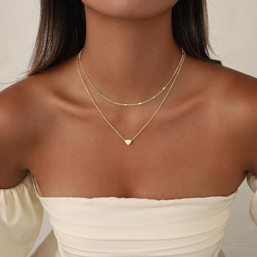Layered Gold Necklace Set for Women Dainty Waterproof Cute Choker | 14K Gold Plated Minimalist Non Tarnish Lightweight CZ Pendant Pearl Twist Paperclip Chain Jewelry Gifts - style: 2PCS-Heart pendant-GD
