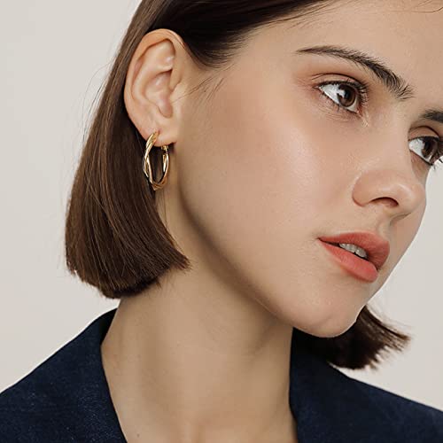 Hoop Earrings for Women, 14K Gold Sterling Silver Chunky Twisted Hoops Earring Hypoallergenic Ear Jewelry - color: Gold-28mm