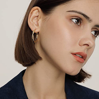 Hoop Earrings for Women, 14K Gold Sterling Silver Chunky Twisted Hoops Earring Hypoallergenic Ear Jewelry - color: Gold-28mm