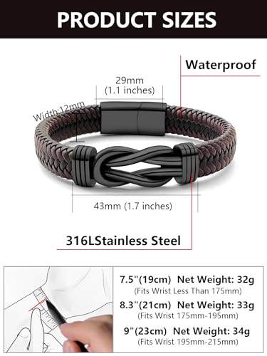 Mens Black Braided Leather Bracelet, Green/Red/Brown/Black Braided Leather Infinity Knot Bracelets for Men with Stainless Steel Clasp, 7.5/8.5/9in Length - color: 02-Black&Brown