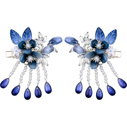 A Pair Wedding Hair Clips, Handmade Floral Design Crystal Hair Clips Pearl Barrettes, Rhinestones Flower Clips Pearl Headpieces Hair Pins Hair Accessories for Women Girls (Blue) - color: Blue