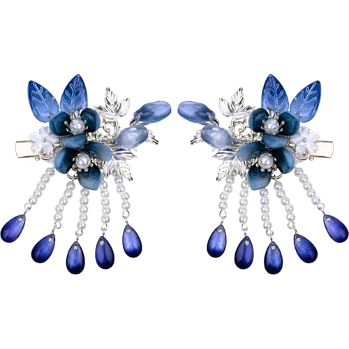 A Pair Wedding Hair Clips, Handmade Floral Design Crystal Hair Clips Pearl Barrettes, Rhinestones Flower Clips Pearl Headpieces Hair Pins Hair Accessories for Women Girls (Blue) - color: Blue