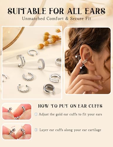 Giovanchi 16Pcs Ear Cuffs Non Piercing Ear Cuff Earrings for Women | 14K Gold Plated Ear Cuff, Adjustable, Non Pierced Ears, Clip on Cartilage Earring Fake Earrings Set - color: A-14K White Gold Plated