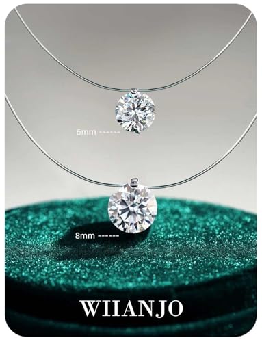 Teardrop 925 Silver CZ Floating Pendant Necklace 16 Inch Cubic Zirconia Invisible Necklace, Hypoallergenic, Jewelry Gifts for Women Anniversary Birthday - color: Round-Shaped_6MM