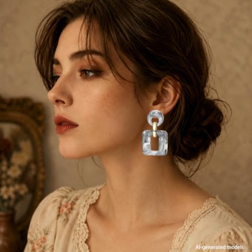 Retro Boho Hollow Square Earrings Lightweight Fashion Jewelry Casual Daily Wear Geometric Drop Earrings Party Acrylic Square Dangle Accessories - color: Grey