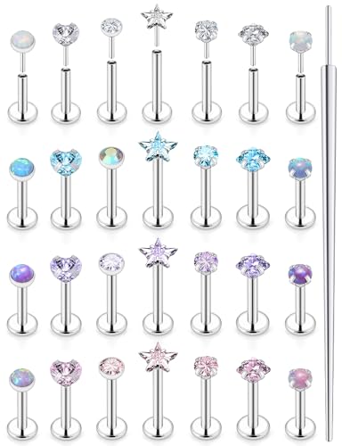 20G 18G 16G Threadless Lip Labret Medusa Monroe Nose Piercing Jewelry Surgical Steel Snake Bites Lip Rings Flat Back Push in Cartilage Tragus Helix Conch Earring Stud 6mm 7mm 8mm 10mm Bars - color: Silver-18G（1.0mm)-6/7/8/10mm Bars-3mm CZ