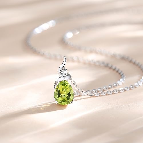 FANCIME 14K Solid White Gold Birthstone Pendant Necklace for Women with Diamond Pear Shaped Teardrop Necklace Birthday Gifts for Mom Women,Sterling Silver Chain 16" + 2" Extender - color: 08-Peridot