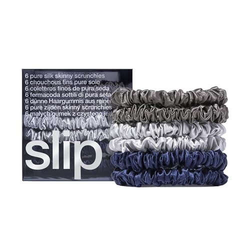 slip Skinnies The Midnight Collection | Pure Silk Skinny Scrunchies Set | 100% Mulberry Silk, Anti-Crease, Ultra Soft, Gentle on Hair, Prevents Breakage | Set of 6, Stylish & Durable - color: Navy, Charcoal, Silver