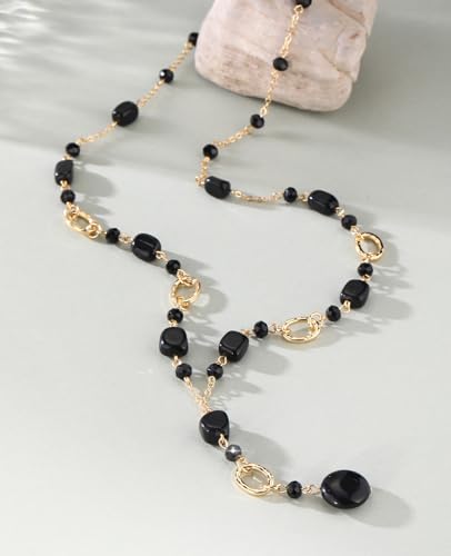 FULU AUTUMN Long Gold Beaded Necklaces for Women Natural Stone Bead Statement Pendant Necklace Y Sweater Chain Fashion Jewelry Gifts - color: Black