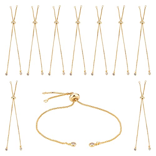 SUNNYCLUE 1 Box 10Pcs Brass Slider Chain 9" Adjustable Slider Chain Bracelet Round Box Chain Slider Extender Chains with Rhinestone Ball Ends for Women - color: Golden Box Chain, Rhinestone End