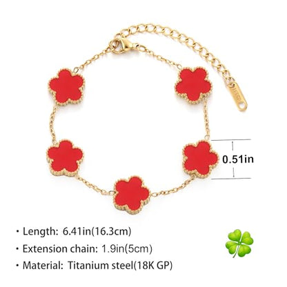 TICVSS Four Leaf Clover Bracelet for Women 18K Gold Plated Stainless Steel Lucky 4 Leaf Gold Link Bracelet Jewelry Gift for Women - color: Red