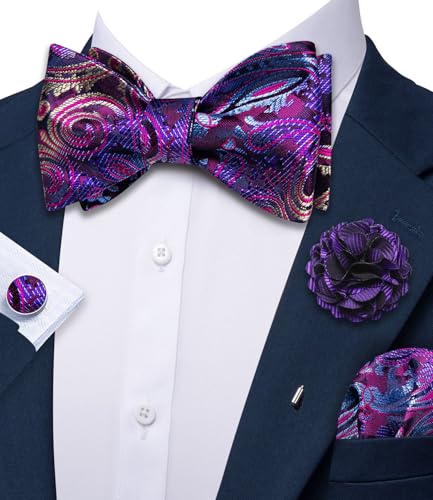 YOHOWA Bow Ties for Men Self-tied Silk Bowtie Solid Color with Lapel Pin and Handkerchief Cufflinks for Wedding Party Prom - color: Deep Purple