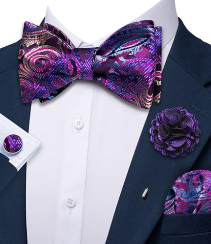 YOHOWA Bow Ties for Men Self-tied Silk Bowtie Solid Color with Lapel Pin and Handkerchief Cufflinks for Wedding Party Prom - color: Deep Purple