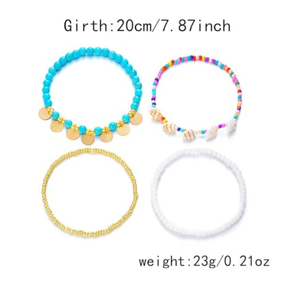Boho Shell Ankle Bracelet Set for Women Gold Plated Adjustable Anklet Beach Inspired Foot Jewelry with Starfish & Pearl Charms - color: F