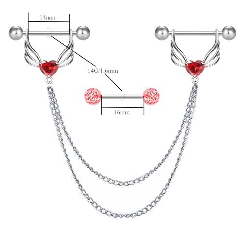VERAMI 14G 316L Double Chain Connecting Heart CZ Nipple Rings Stainless Steel Skull Angel Piercing Barbell Body Pierced Jewelry for Women - color: Red CZ