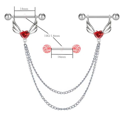 VERAMI 14G 316L Double Chain Connecting Heart CZ Nipple Rings Stainless Steel Skull Angel Piercing Barbell Body Pierced Jewelry for Women - color: Red CZ