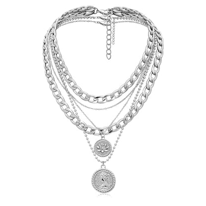 MJartoria Gold Layered Necklaces for Women Trendy Retro Birthflower Coin Pendant Necklace Dainty Chunky Chain Choker Necklaces for Jewelry Birthday Gifts - color: Silvery, style: July Birthflower-Lotus