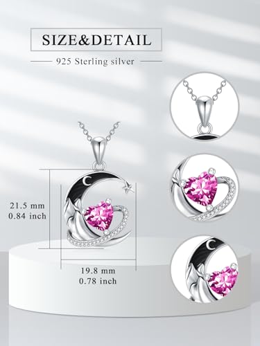 I Love You to the Moon and Back Necklace 925 Sterling Silver Black Crescent Moon Star Pendant with Heart Birthstone Necklace Anniversary Gothic Jewelry Gifts for Women Wife Lovers - color: 10-Oct-Pink